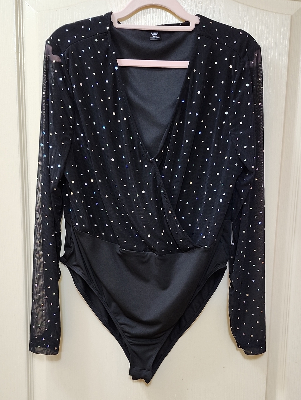 Shein Curve Plus Size Women Rhinestone Overlap V-Neck Mesh Long Sleeve Bodysuit